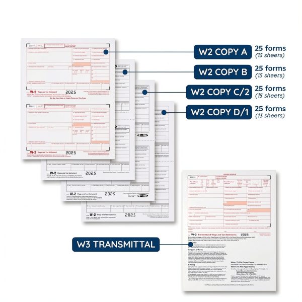 W2 Tax Form Bundle 2025 Blue Summit 4 Part Set for 25 Employees-1